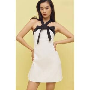 Maude Club Blair Halter Bow Mini Dress - M White Cotton, Preppy Coquette Bridal